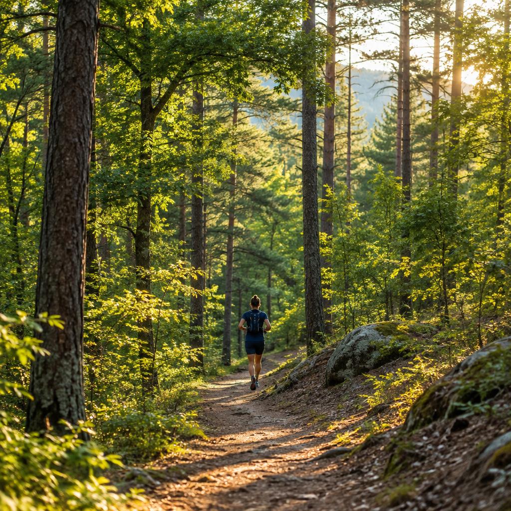 An endurance runner on a sunlit woodland trail, illustrative photography
